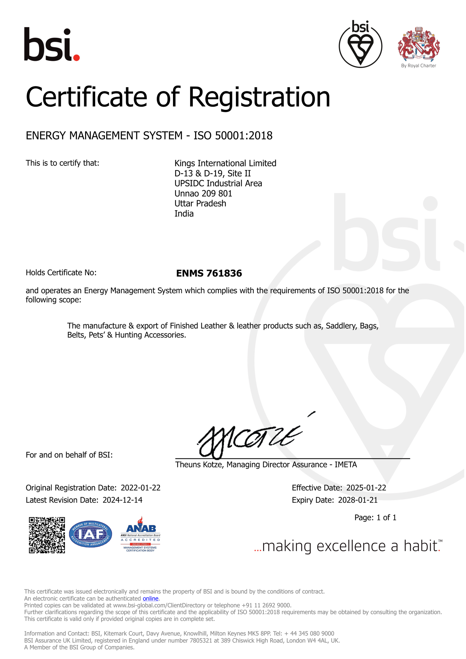 BSI Certificate of Registration - ISO 50001:2018 Energy Management System - Kings International Limited
