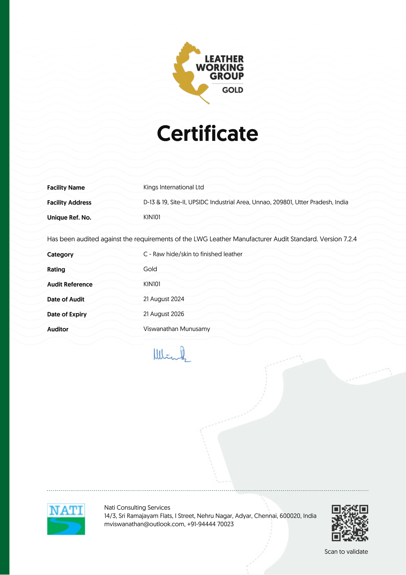 Leather Working Group Gold certificate - Kings International Ltd