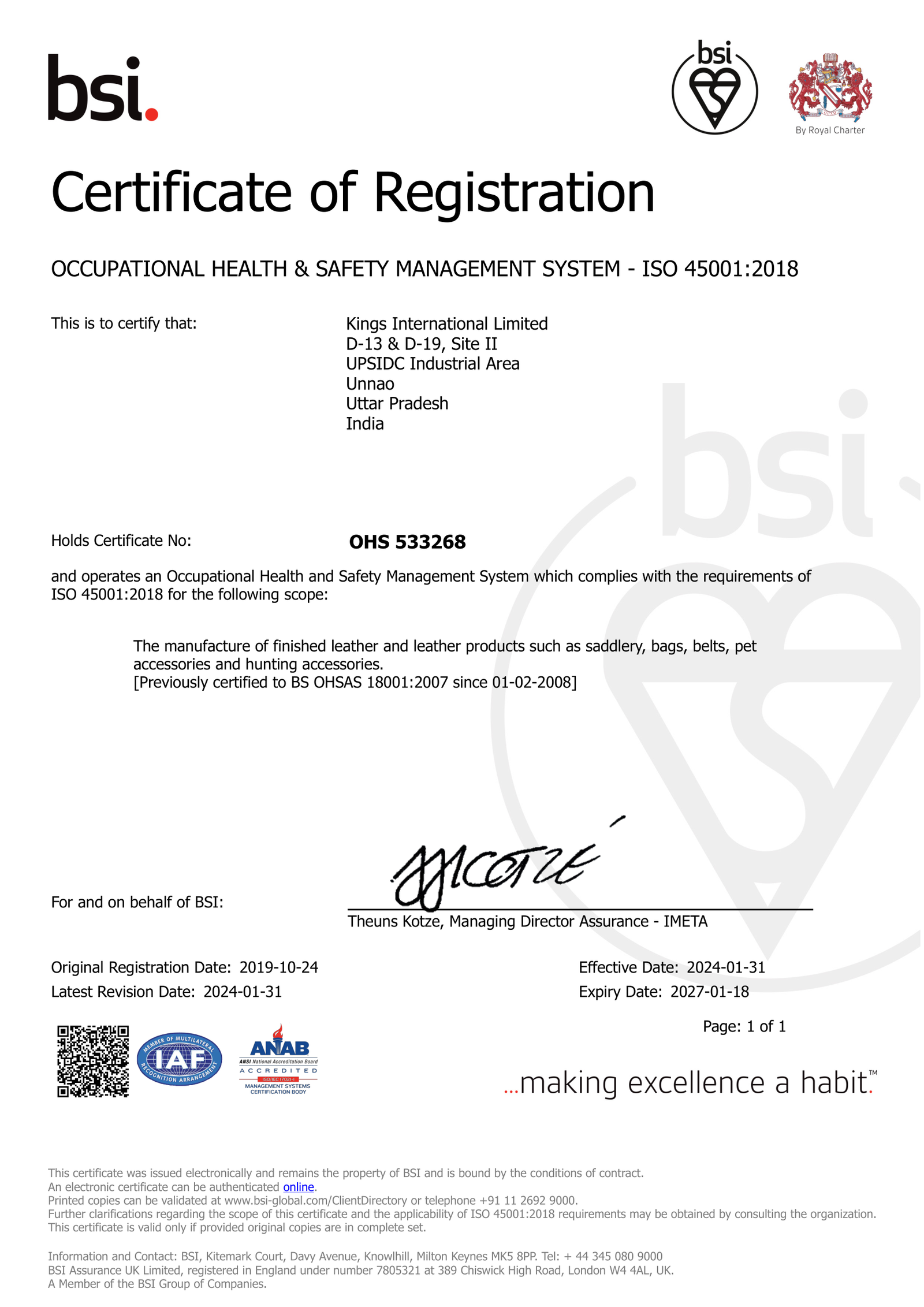 BSI Certificate of Registration - ISO 45001:2018 Occupational Health & Safety Management System - Kings International Limited